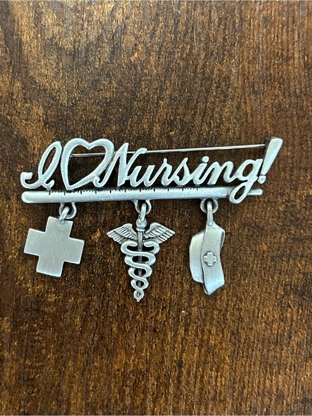 Vintage Jonette Jewelry Company (JJ), I ❤️ Nursing Pin, Pewter/ Silver-tone